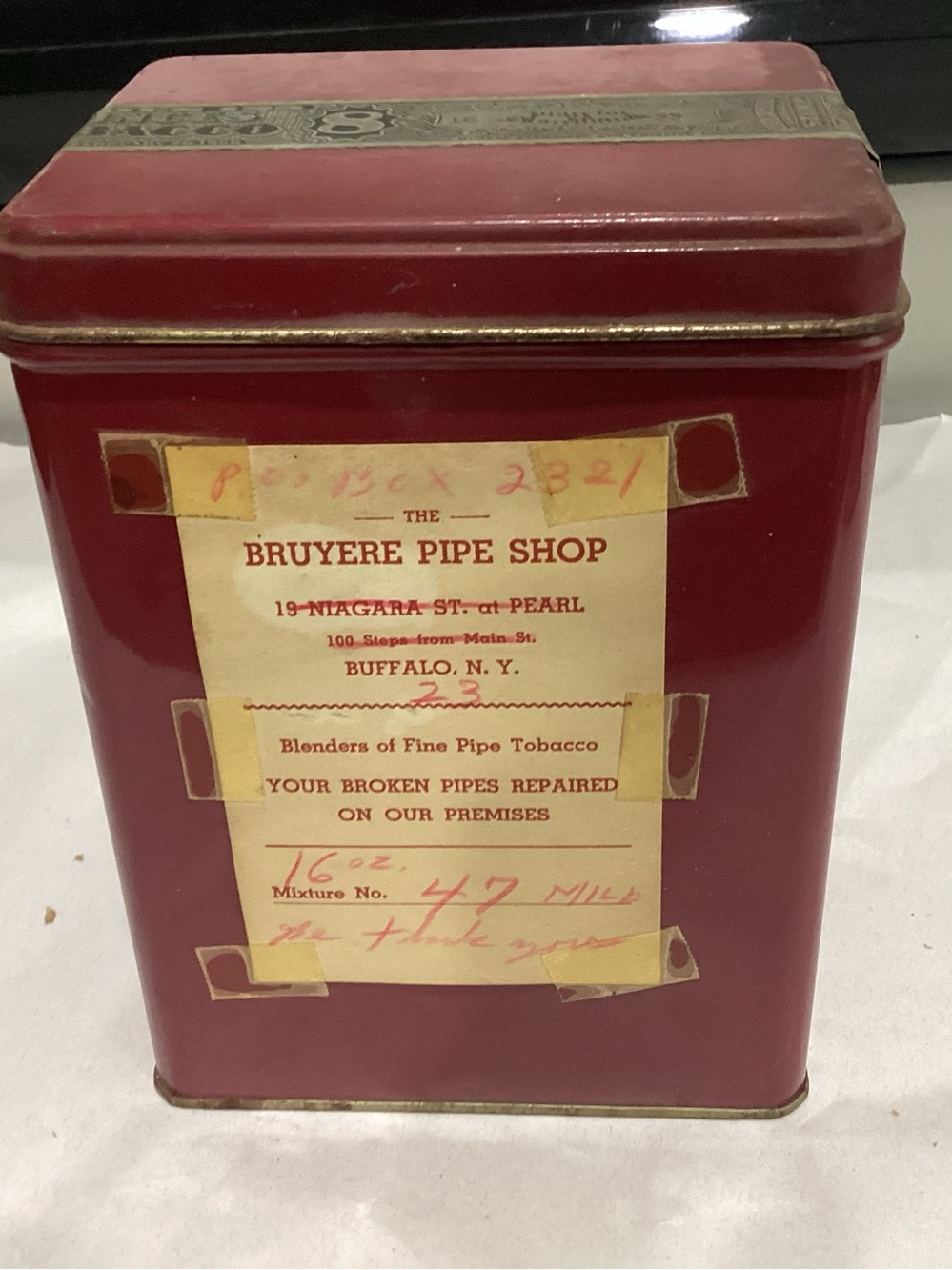 Vtg. Red Tobacco Tin from Bruyere Pipe Shop in Buffalo N.Y.